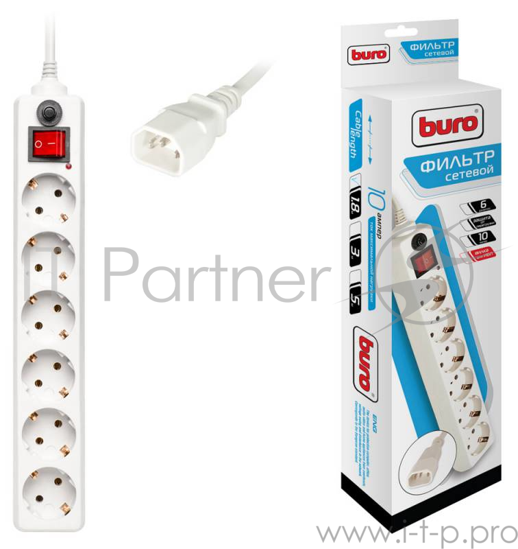 Сетевые фильтры BURO Сетевой фильтр, 6 розеток, 1.8 метра, (600SH-1.8-UPS-W ), белый (коробка) {992306}