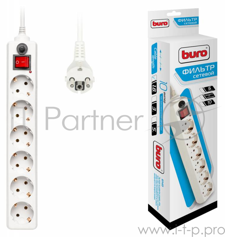 Сетевые фильтры BURO Сетевой фильтр, 6 розеток, 1.8 метра, (600SH-1.8-W), белый (коробка) {992246}