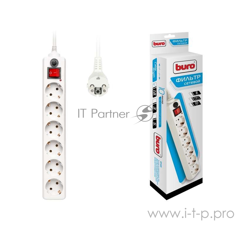 Сетевые фильтры BURO Сетевой фильтр, 6 розеток, 1.8 метра, (600SH-1.8-W), белый (коробка) {992246}