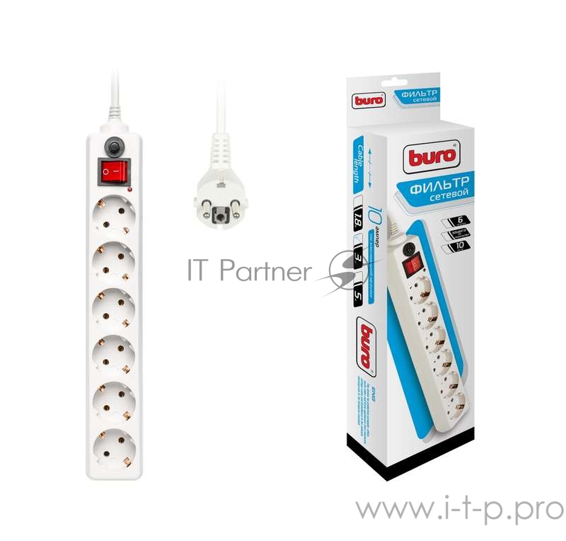 Сетевые фильтры BURO Сетевой фильтр, 6 розеток, 3 метра, (600SH-3-W), белый (коробка) {992266}