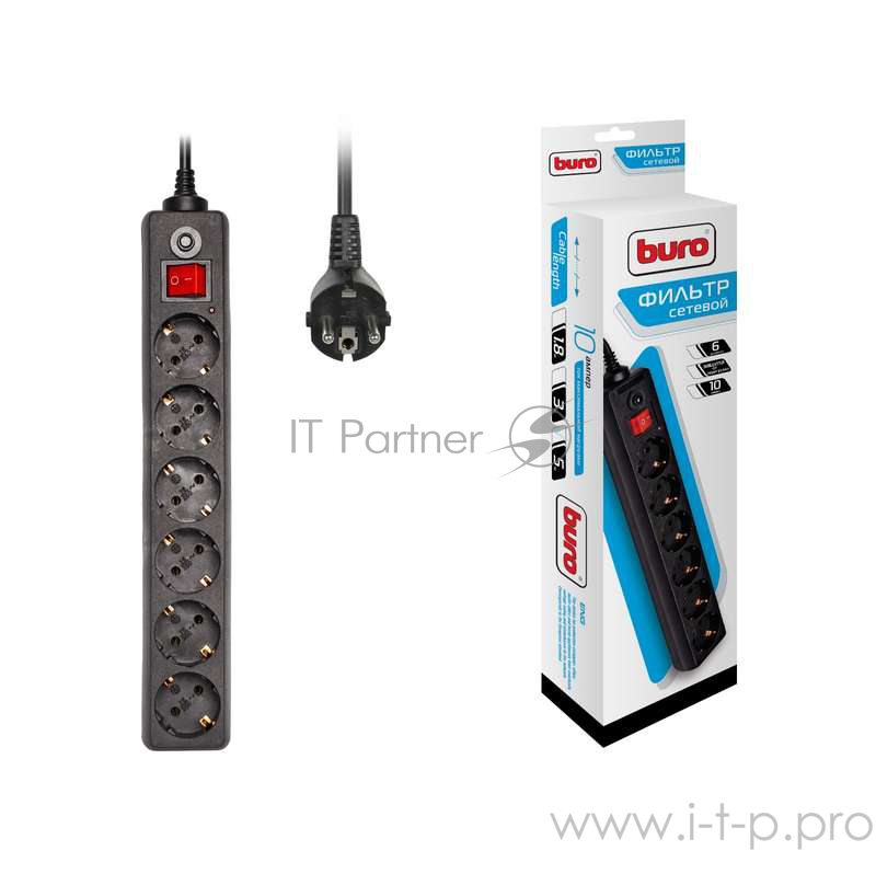 Сетевые фильтры BURO Сетевой фильтр, 6 розеток, 5 метров, (600SH-5-B), черный (коробка) {992278}