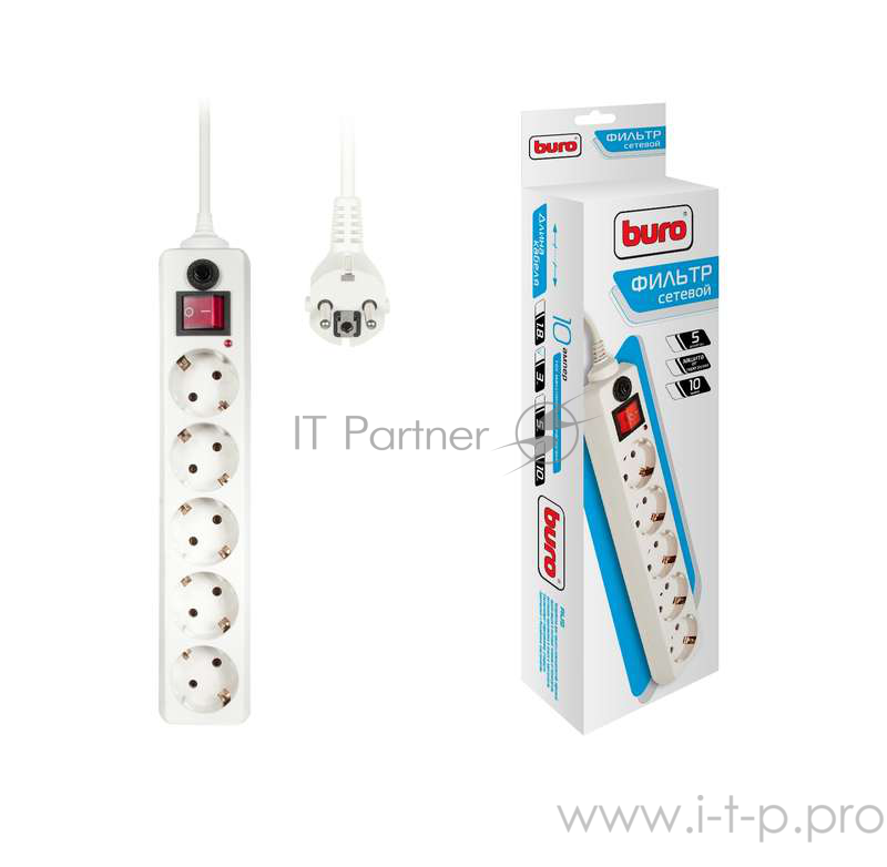 Сетевые фильтры BURO Сетевой фильтр, 5 розеток, 3 метра, (500SH-3-W), белый (коробка) {992290}