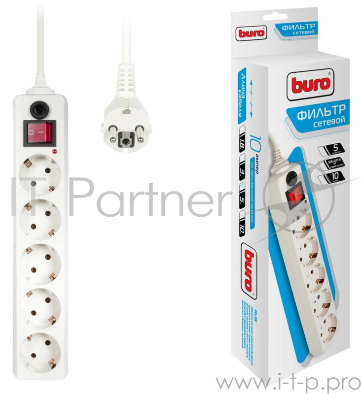 Сетевые фильтры BURO Сетевой фильтр, 5 розеток, 5 метров, (500SH-5-W), белый (коробка) {992295}