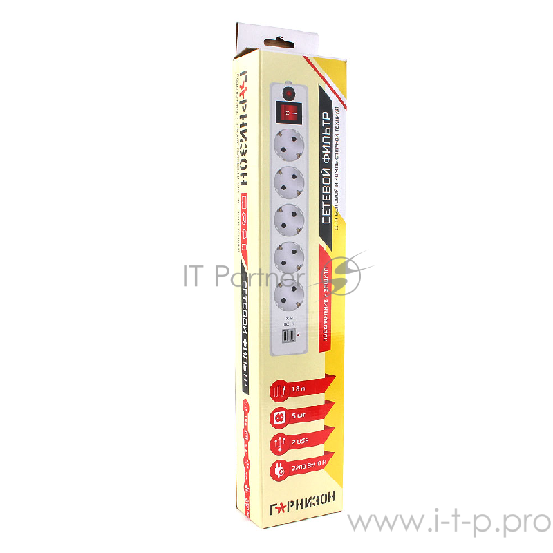 Сетевые фильтры Gembird Сетевой фильтр Гарнизон EHW-6-USB 1.8 м 5 евророзеток и 2 USB 2A, белый