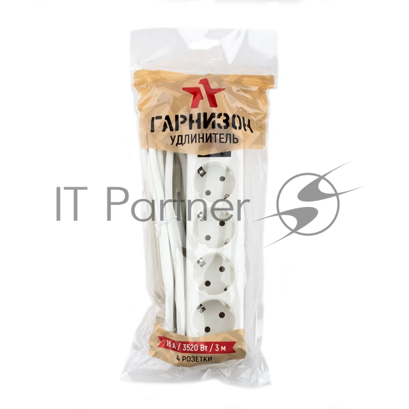 Сетевые фильтры Gembird Удлинитель Гарнизон ELB-G4-W-3, 4 евророзетки с выключателем и заземлением, допустимый ток 16А, длина 3м.