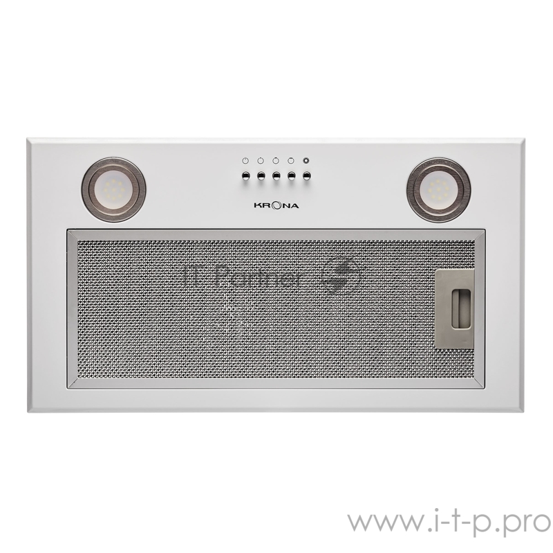 Вытяжка Krona FINA 600 white PB наклонная монтируется к стене отвод / циркуляция Макс. производительность 550 куб. м/ч ширина для установки 60 см мощность двигателя 110 Вт механическое управление тихий двигатель периметриальное всасывание
