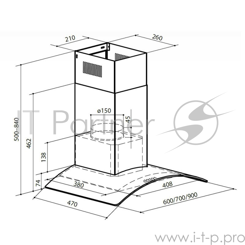 Вытяжка каминная Lex PARIS N 600 нержавеющая сталь/стекло прозрачное управление: кнопочное (1 мотор)