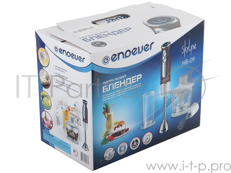 Блендер Endever Skyline HB-09 350Вт, 2 режима мощн., 8 скор., LED- подсв. кнопок, в комплекте насадки блендер, венчик, чаша(0.5л), стакан(0.5л