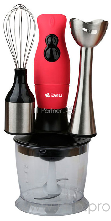 Блендер DELTA DL-7012D черный(Мощность 200 Вт. 2 скоростных режима. 3 типа сменных насадок: - насадка для смешивания – насадка для взбивания – измельчитель. Объем чаши измельчителя 0,5 л. Цвет черный.)