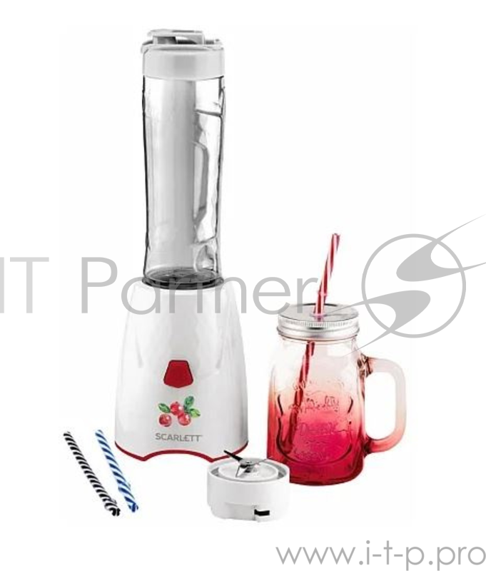 Блендер стационарный Scarlett SC-JB146G04, 450Вт, стакан с крышкой 0,45л, пластиковая бутылка для Смузи с крышкой 0,6л, 2 съемных ножа в комплекте (для бутылки и для стакана), набор цветных трубочек из 3х штук.
