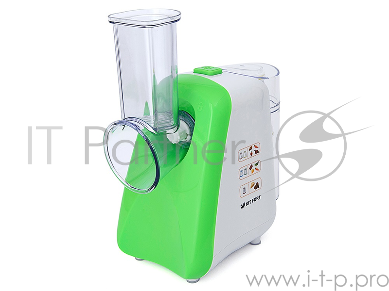 комбайн KITFORT КТ-1318-3 зеленый KITFORT КТ-1318-3 Терка электрическая зеленая. Мощность: 150 Вт. Время непрерывной работы: 10 мин. Длина шнура: 70 см. Размер: 240 х 148 х 300 мм. Предназначена для терки и шинковки овощей, фруктов и других пищевых п