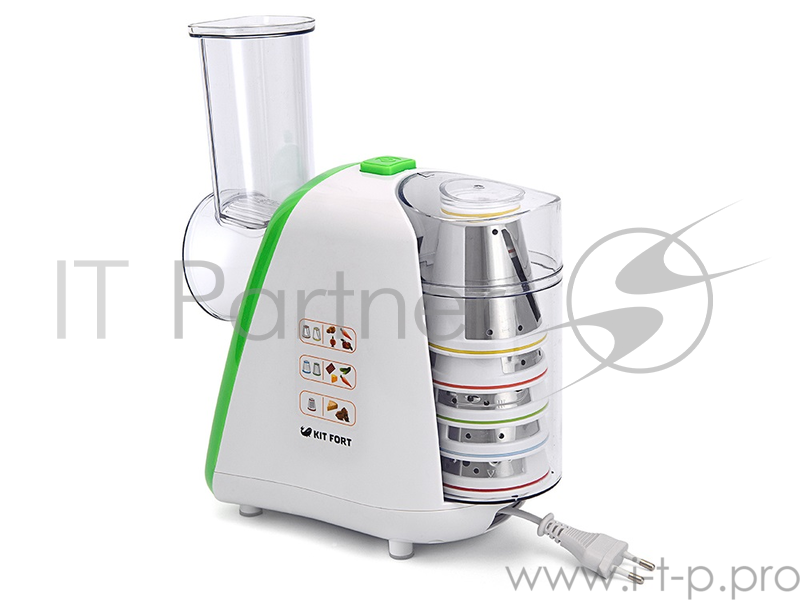 комбайн KITFORT КТ-1318-3 зеленый KITFORT КТ-1318-3 Терка электрическая зеленая. Мощность: 150 Вт. Время непрерывной работы: 10 мин. Длина шнура: 70 см. Размер: 240 х 148 х 300 мм. Предназначена для терки и шинковки овощей, фруктов и других пищевых п