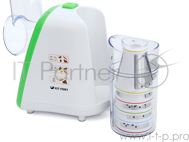 комбайн KITFORT КТ-1318-3 зеленый KITFORT КТ-1318-3 Терка электрическая зеленая. Мощность: 150 Вт. Время непрерывной работы: 10 мин. Длина шнура: 70 см. Размер: 240 х 148 х 300 мм. Предназначена для терки и шинковки овощей, фруктов и других пищевых п