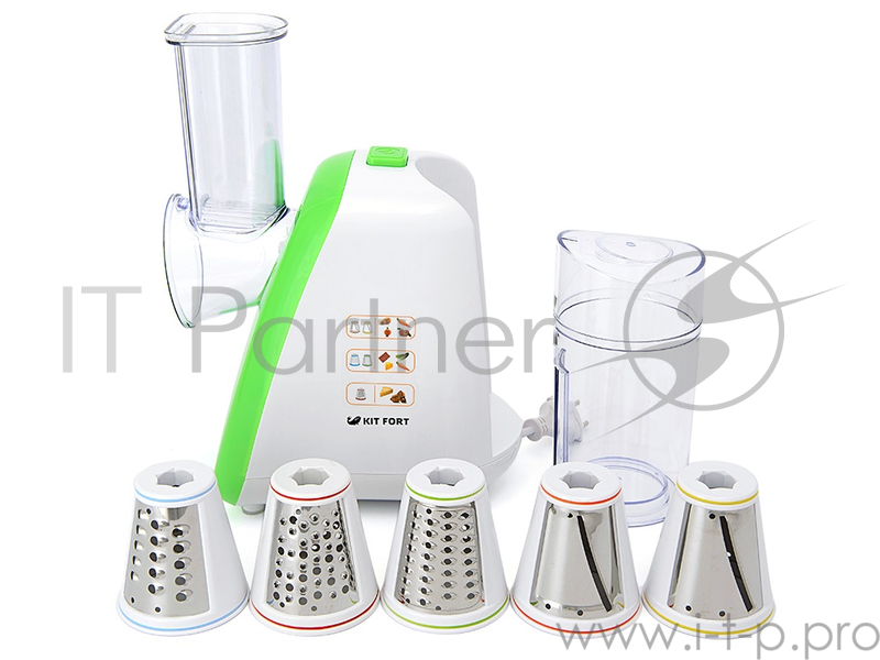 комбайн KITFORT КТ-1318-3 зеленый KITFORT КТ-1318-3 Терка электрическая зеленая. Мощность: 150 Вт. Время непрерывной работы: 10 мин. Длина шнура: 70 см. Размер: 240 х 148 х 300 мм. Предназначена для терки и шинковки овощей, фруктов и других пищевых п