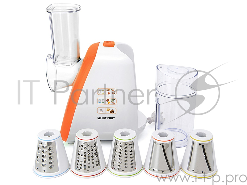 комбайн KITFORT КТ-1318-2 оранжевый KITFORT КТ-1318-2 Терка электрическая оранжевая. Мощность: 150 Вт. Время непрерывной работы: 10 мин. Длина шнура: 70 см. Размер: 240 х 148 х 300 мм. Предназначена для терки и шинковки овощей, фруктов и других пищев