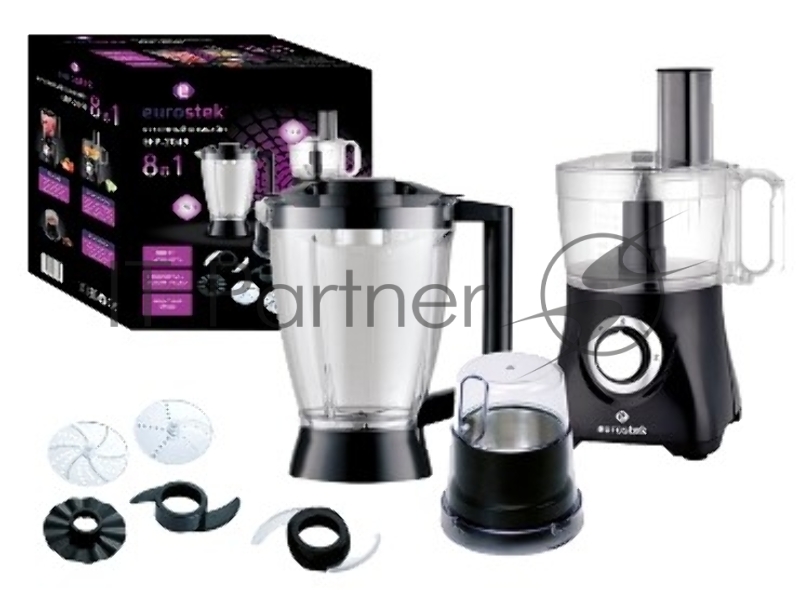 Кухонный комбайн EUROSTEK EFP-2049 Eurostek EFP-2049. Максимальная мощность 800Вт 2скорости + режим Pulse измельчитель 1.2л., блендер 1.75л., кофемолка. Защитный замок. Стальной нержавеющий нож для измельчения. Диски для размягчения, получени