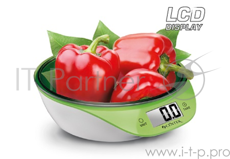 Весы кухонные Centek CT-2454 (бел/салат) электр.-чаша, max 5кг, шаг 1г, круглая форма, подсветка LCD