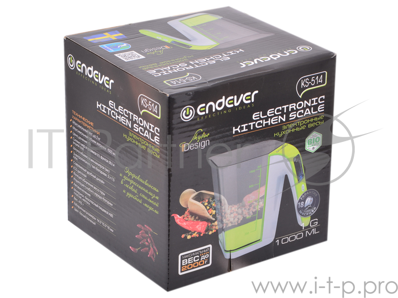 Электронные кухонные весы Endever Skyline KS-514, мерная емкость из пищевого пластика, LCD-дисплей, max-2,0 кг