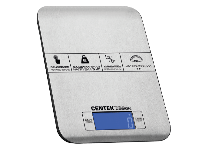 Весы кухонные CENTEK CT-2464 Centek CT-2464 сталь, сенсор, LCD- 59х27 с подсветкой, t° в комнате, max 5кг, шаг 1г