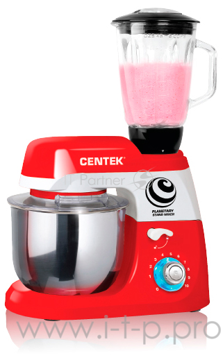 Планетарный миксер с чашей Centek CT-1135 (красн/бел) 1000 Вт, + БЛЕНДЕР, 4л нерж чаша, 10 скоростей