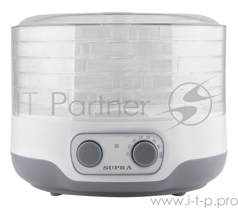 Сушилка для овощей и фруктов SUPRA DFS-251 (Мощность 250 Вт. 5 съемных регулируемых по высоте прозрачных секций. Высота просвета между поддонами 15 мм или 28 мм. Регулировка температуры: 35 - 70 oC. Индикатор питания. Защита от перегрева)