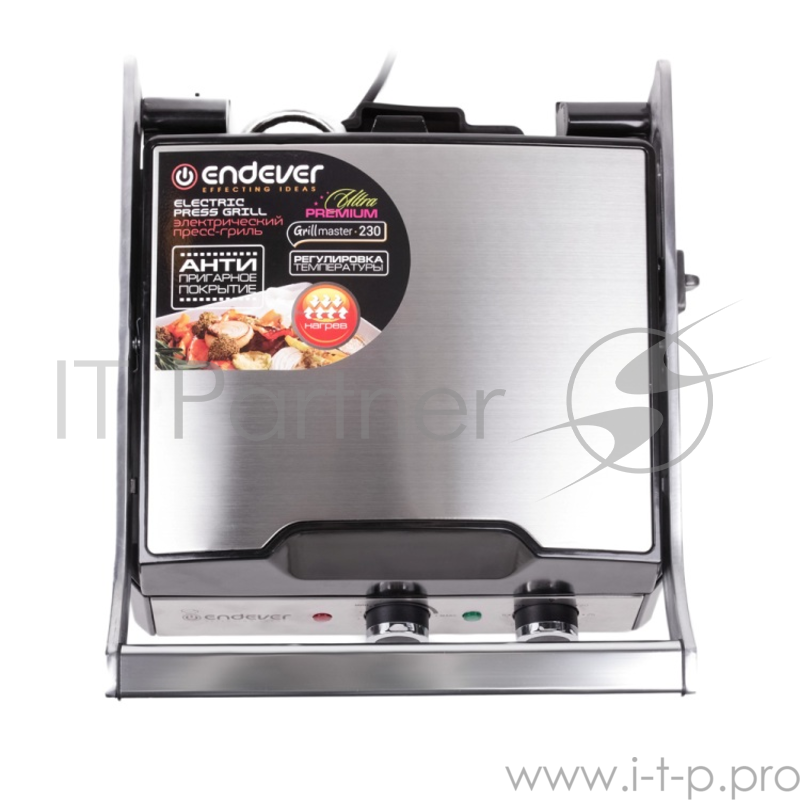 Электрический пресс-гриль ENDEVER GRILLMASTER 230 серебристый Grillmaster 230, мощн.2400 Вт, терморегулятор (100-220 град), таймер до 30 мин, внутреннее антипригарное покрытие, световой индикатор нагрева и готовности к работе, размеры рабочей поверхн