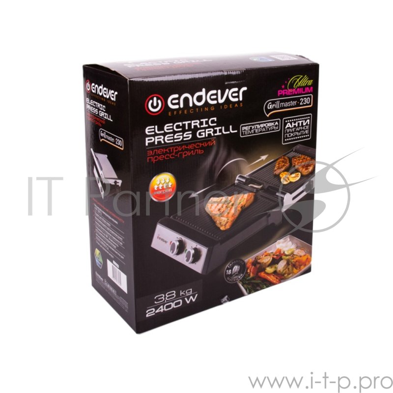 Электрический пресс-гриль ENDEVER GRILLMASTER 230 серебристый Grillmaster 230, мощн.2400 Вт, терморегулятор (100-220 град), таймер до 30 мин, внутреннее антипригарное покрытие, световой индикатор нагрева и готовности к работе, размеры рабочей поверхн