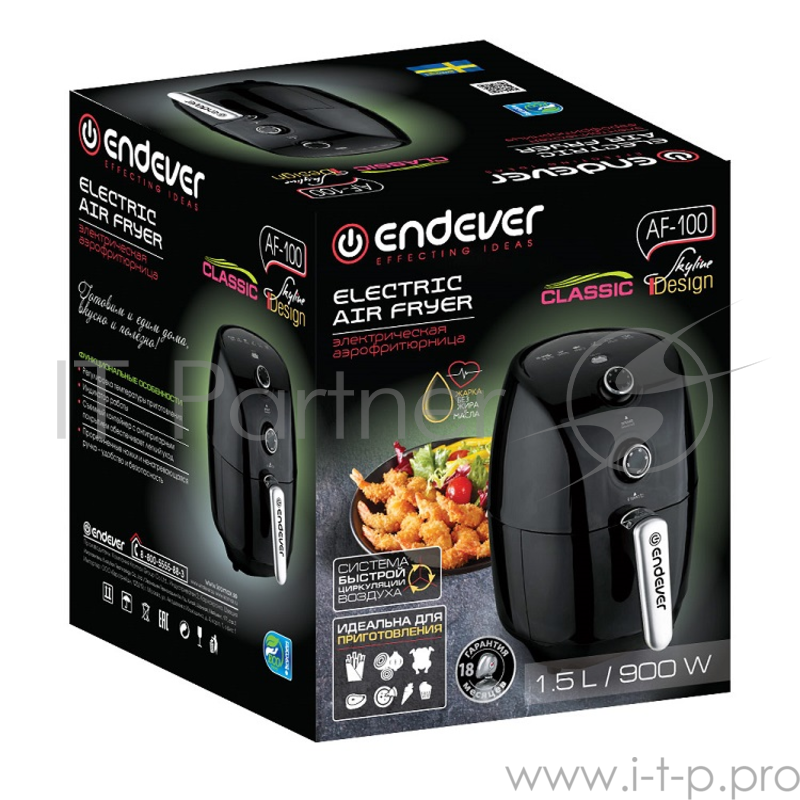 Аэрофритюрница Endever Skyline AF-100 1500Вт, объем 1.5л, температура 80-200 С, таймер 30 мин, мех. управ, черный