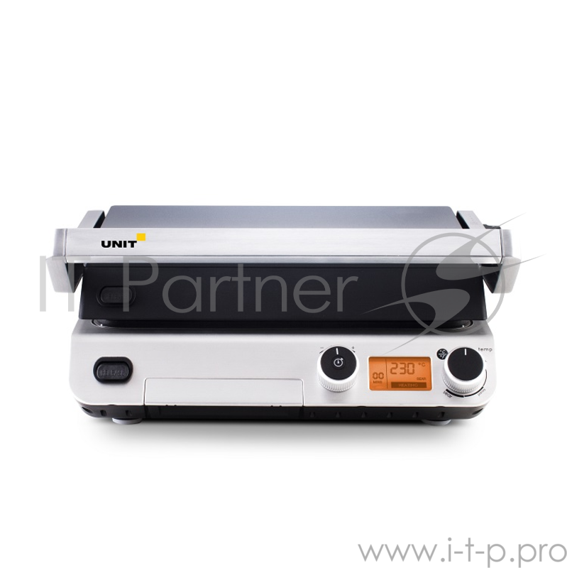 Электрогриль UNIT UQG-31, 2000Вт, электронное управление, LCD дисплей, съёмные панели, металл/стекло, серебристый/чёрный