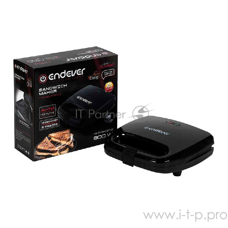 Электроростер для приготовления сэндвичей Endever Skyline SM-25, чёрный, 800Вт, до 4-х сэндвичей