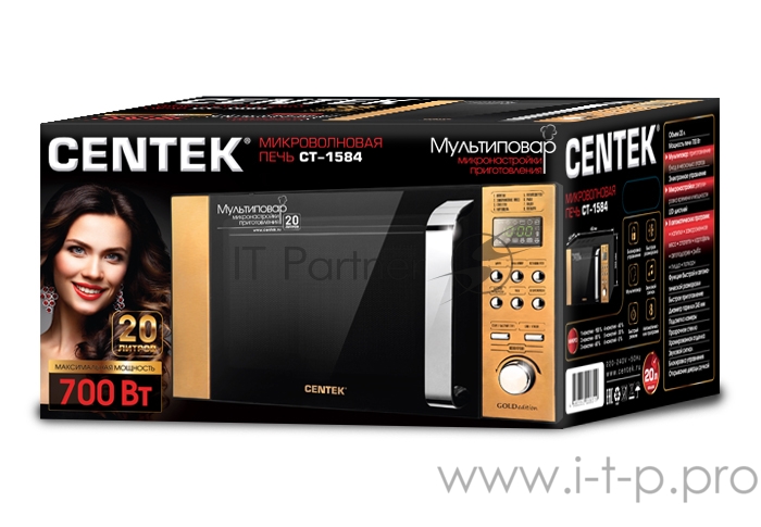 Микроволновая печь CENTEK CT-1584 GOLD СВЧ Centek CT-1584 GOLD 700W, 20л, 8 режимов, хромированные переключатели, таймер, подсветка