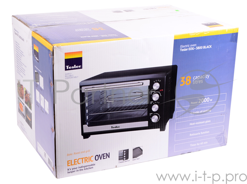 Мини-печь TESLER EOG-3800 черный Мощность 2000Вт. Объем 38л. (ВхШхГ) 54х39,1х34,3см. Вес нетто 7,3 кг. Тип управления механич. Световая индикация. Тип стекла жаропрочное. Звуковой таймер. Таймер отключения. Подсветка. Режимы работы: верхний нагрев, н