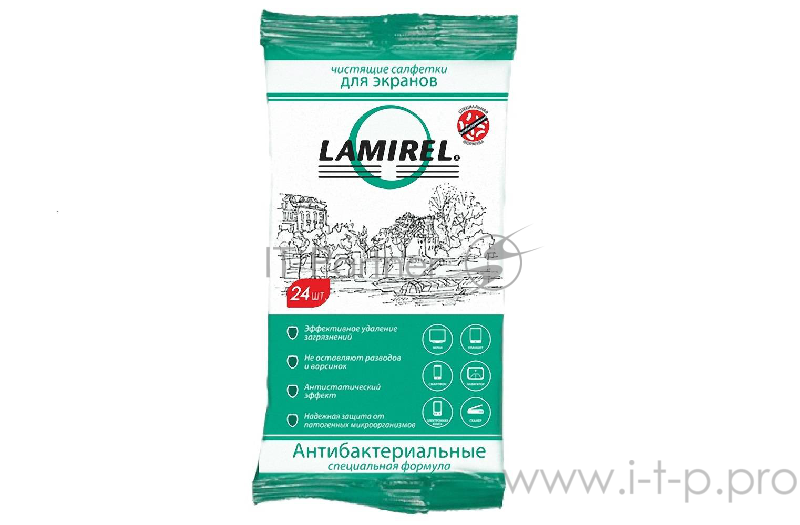 Чистящие средства Lamirel LA-21617(01) Антибактериальные чистящие салфетки Lamirel для экранов всех типов, 24 шт, еврослот, мягкая упаковка