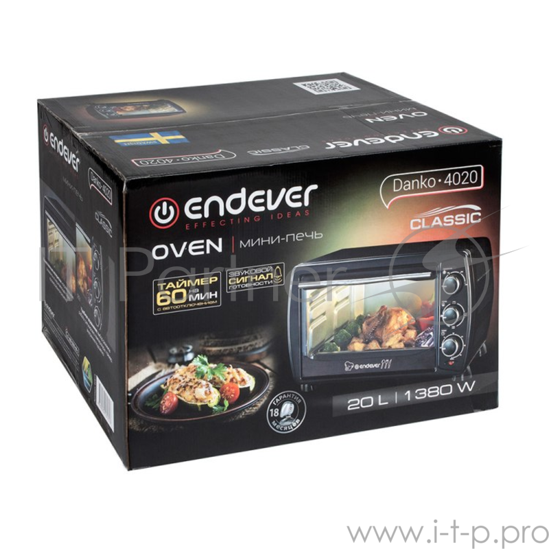 Мини-печь Endever Danko 4020 черный цвет, мощность 1300 Вт, объем 20л