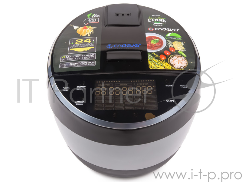 Мультиварка ENDEVER VITA 100 (черный) электрическая Endever Vita 100, черный/стальной, мощность 1300 Вт, емкость 5л, 24 авторежимов , мастер повар,книга рецептов, 2 шт/уп.таймер до 24 часов, автоподогрев, LED-дисплей, стальной корпус,регулировка врем