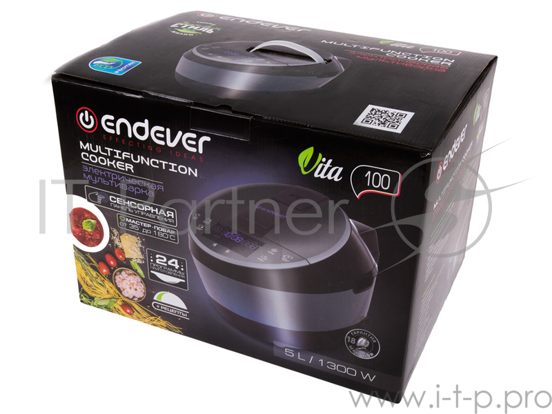 Мультиварка ENDEVER VITA 100 (черный) электрическая Endever Vita 100, черный/стальной, мощность 1300 Вт, емкость 5л, 24 авторежимов , мастер повар,книга рецептов, 2 шт/уп.таймер до 24 часов, автоподогрев, LED-дисплей, стальной корпус,регулировка врем