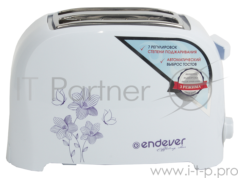 Тостер Endever Skyline ST-116 900Вт, белый, 3 режима работы, 7 регулировок поджаривания, 2 отсека для загрузки тостов, механическое управление