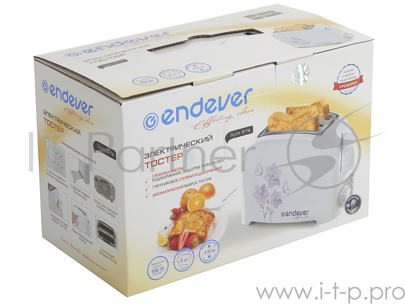 Тостер Endever Skyline ST-116 900Вт, белый, 3 режима работы, 7 регулировок поджаривания, 2 отсека для загрузки тостов, механическое управление