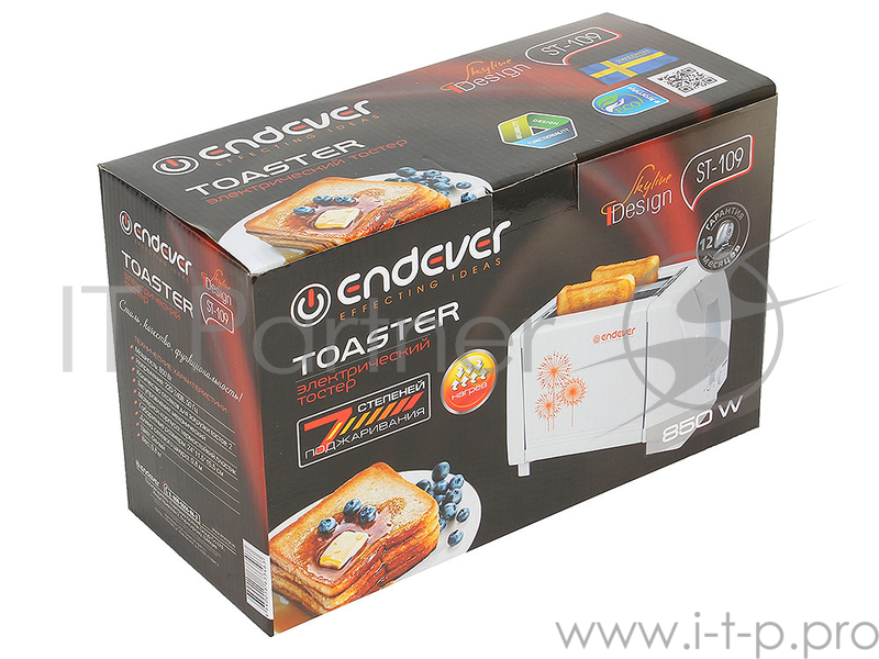 Тостер электрический Endever Skyline ST-109, 850 Вт, 7 регулировок поджаривания, 2 отсека, механическое управление, автоматический выброс тостов