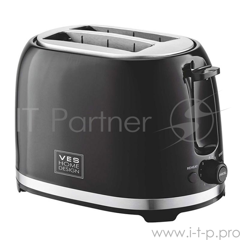 Тостер VES - T 100 B черный Мощность: 850 Вт Напряжение, частота: 220-240 В, 50/60 Гц Количество тостов: 2 Сверх широкие загрузочные слоты Электронное управление Плавная регулировка степени поджаривания 7 степеней поджаривания Функция размораживания