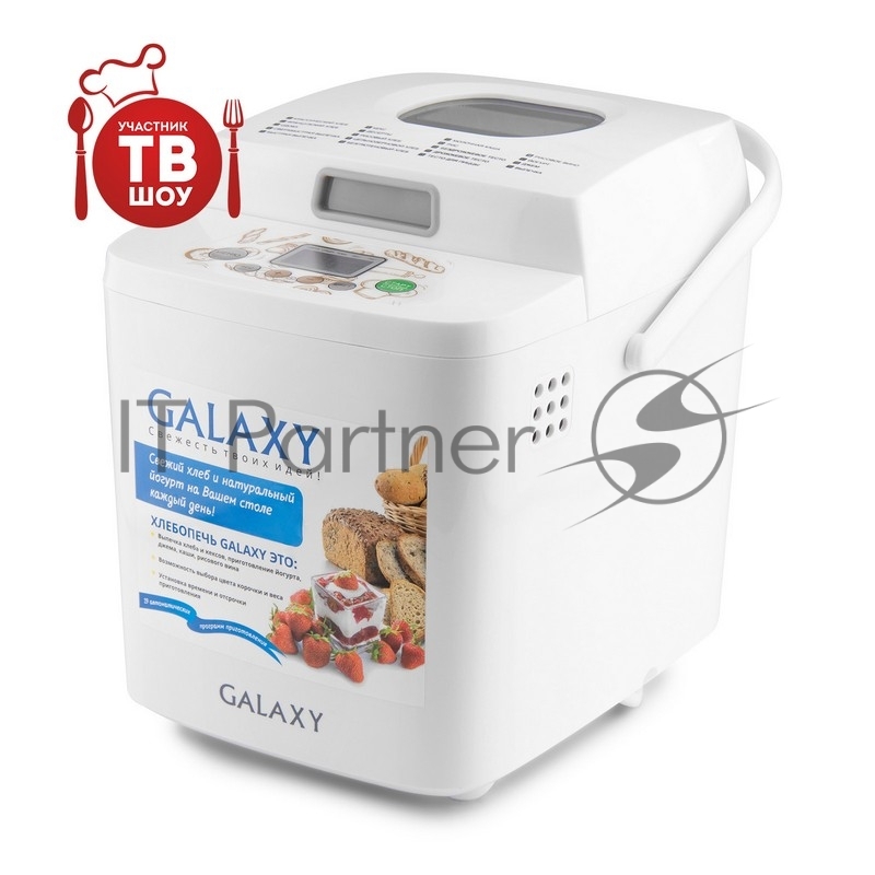 Хлебопечка GALAXY GL 2701 Мощность 600 Вт, вес выпечки 500 и 750г, ЖК-дисплей, 19программ приготовления, элекронное управление, 3 степени поджаривания корочки, отложенный старт до 15часов, подогрев хлеба в течение 60 минут после приготовления, антипр