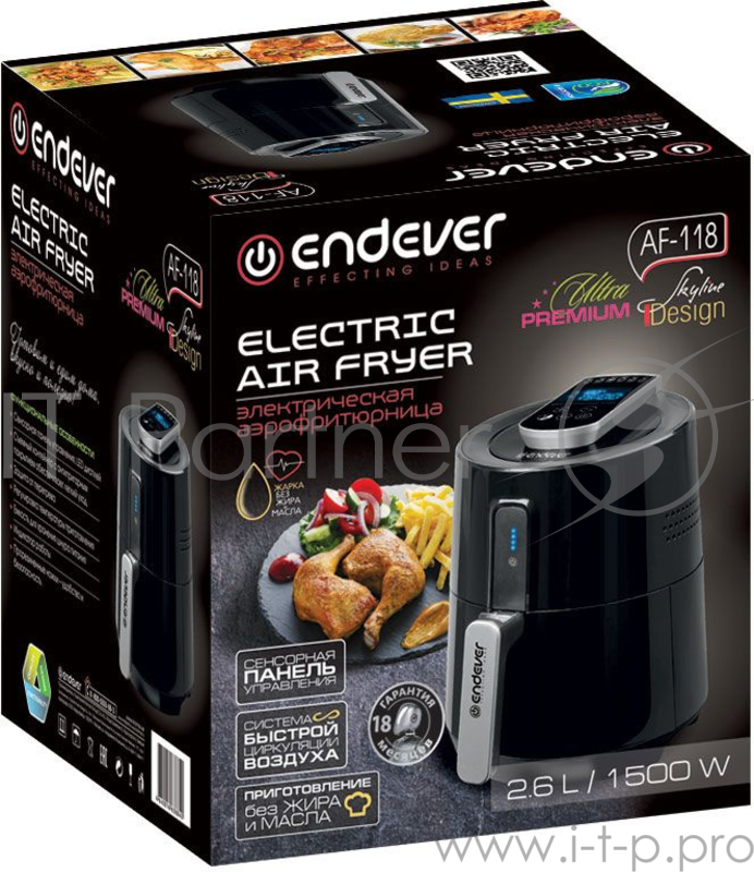 Аэрофритюрница ENDEVER SKYLINE AF-118 черный Аэрофритюрница электрическая Endever Skyline AF-118, мощность: 1500 Вт, объем 2,6 л, температура 80-200 С, 8 автопрограмм, таймер 30 мин, книга рецептов в комплекте, 2 шт/уп.