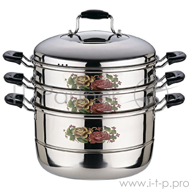 Манты-казан РОСИНКА РОС-308 O30 см – 12,0 л, 3-х ЯРУСНЫЙ, нерж. сталь, зеркальная полировка внутри и снаружи, крышка комбинированная (нерж.сталь + стекло), съемная пластина-решетка из нерж. стали, бакелитовые ненагреваемые ручки. Подарочная упаковка