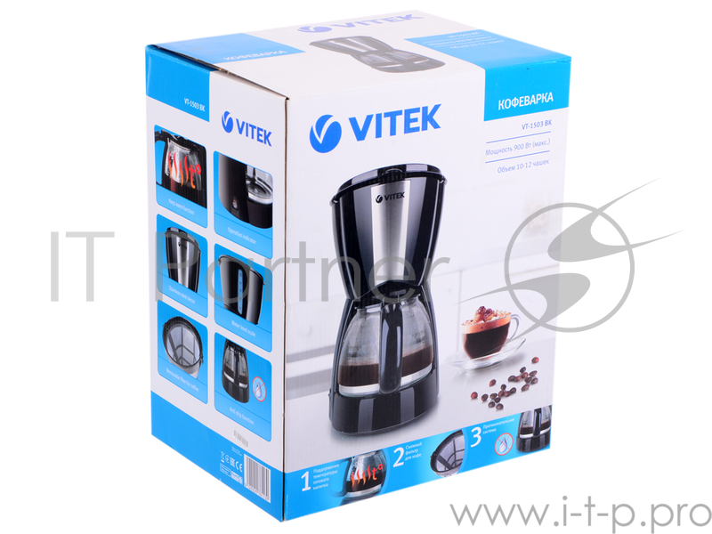 Кофеварка VITEK VT-1503 BK Капельная. Мощность 900Вт. Материал корпуса Пластик + сталь. Объем 1,2л. Индикатор уровня воды. Индикация включения. Плита автоподогрева. Противокапельная система.