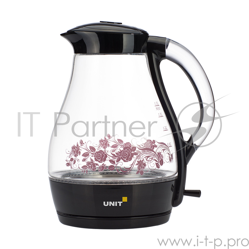 Чайник электрический UNIT UEK-258, стекло, 1.7л., 2000Вт (чёрный c рисунком)