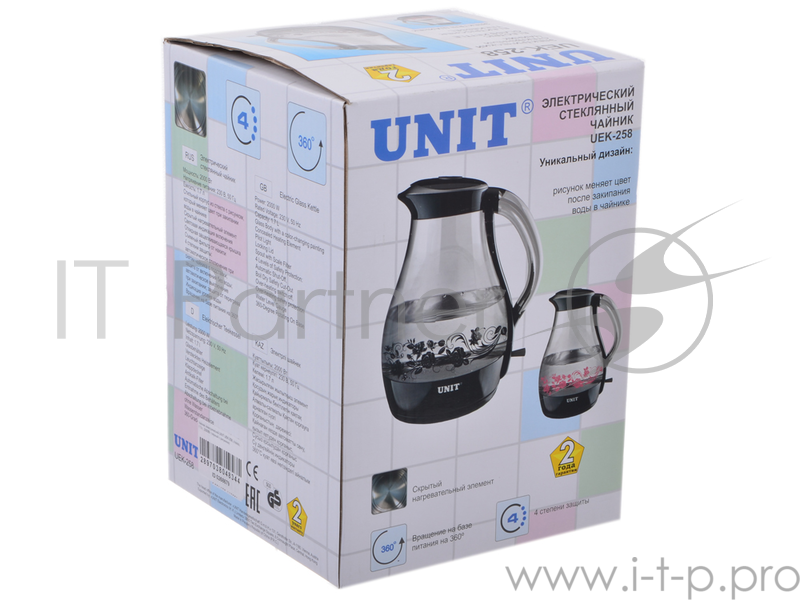 Чайник электрический UNIT UEK-258, стекло, 1.7л., 2000Вт (чёрный c рисунком)