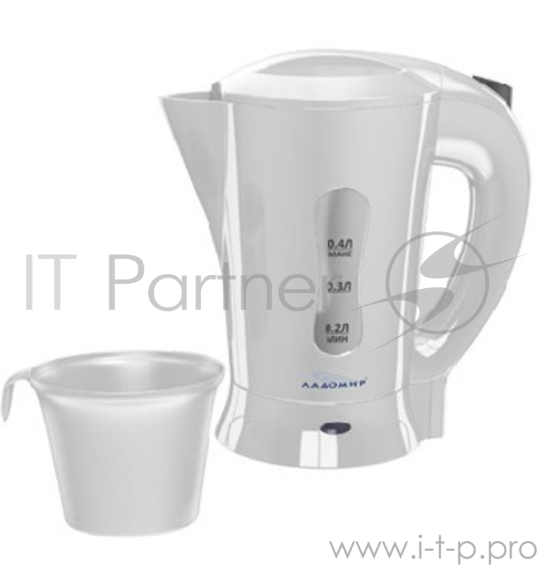 Чайник ЛАДОМИР 330 дорожный(Объем 0,4л. Мощность 600 Вт. Нагреват. элемент скрытого типа. Материал корпуса пластик. Фильтр. Индикатор уровня воды. Индикация включения. Автоматическое отключение при закипании. 2 стакана в комплекте.)