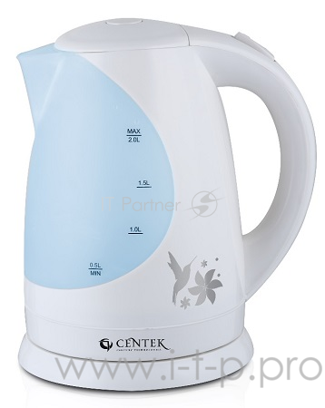 Чайник Centek CT-1039 white (белый) 2.0л, 2200Вт, 2х цветная внутр подсветка, РИСУНОК,широкое окно