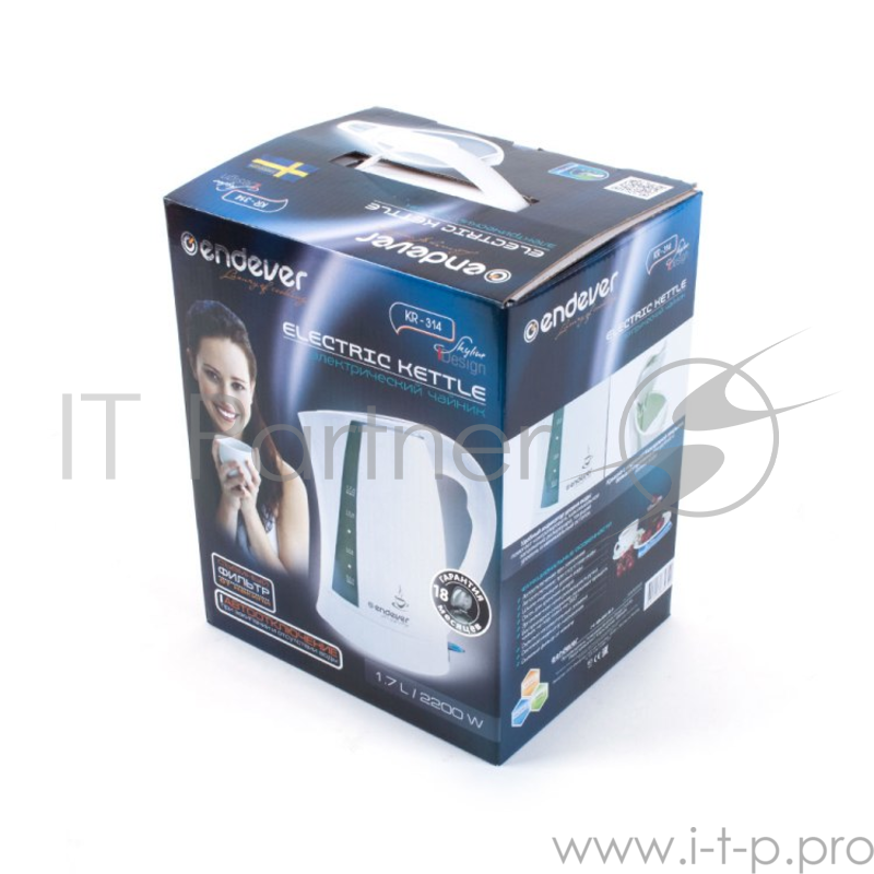 Чайник электрический Endever Skyline KR-314, 1,7л, 2200Вт, корпус пластик, автоотключение, бело-серый