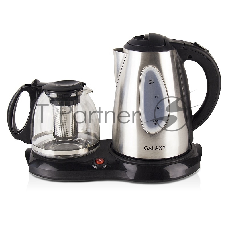 Чайный набор GALAXY GL 0403 нержавейка(Общая мощность 2220Вт. Объем 1,8л. Стекл. заварочный чайник 1,0л. Скрытый нагреват. элемент. Шкала уровня воды. Метал. корпус чайника. Съемный фильтр. Автоотключение при закипании. Функция поддержания температур